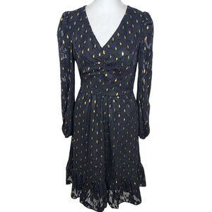 Maggy London Black and Gold Chiffon Dress NWT Size 0 Long Sleeve Metallic Gold